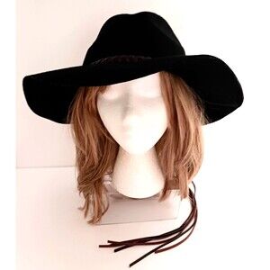 Peter Grimm True Character Blk Felted Wool Wide Brim Hat Braid Leather Band O/S